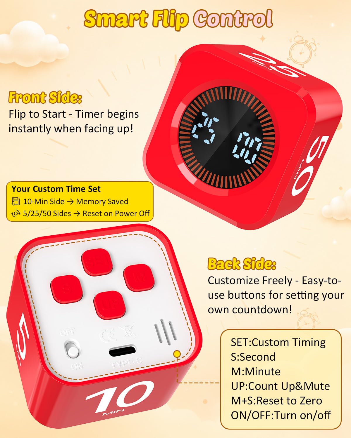 Pomodoro - Timer digitale a cubo, 5/10/25/50 min, produttività visiva, timer flip per scrivania per bambini, conto alla rovescia personalizzato, modalità silenziosa e sonora, per ADHD, studio