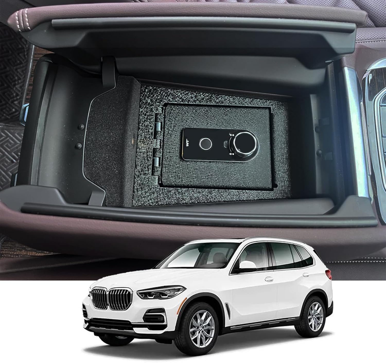 Center Console Safe Compatible with 2019-2026 BMW X5, 2020-2026 BMW X6 and 2019-2026 BMW X7, Fingerprint Lock with Key.