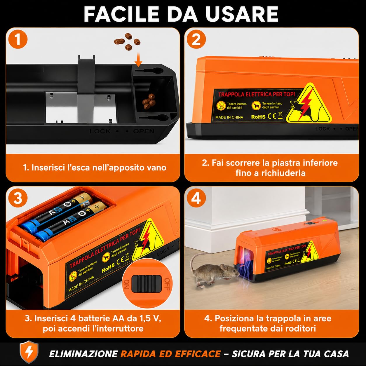 Trappola per Topi Elettrica, Trappole per Topi a Batteria da 2000 V, Potente per Uccidere i Topi All'istante, Adatta per Cucine, Magazzini e Soffitte, Efficace per Piccoli Topi (naranja)