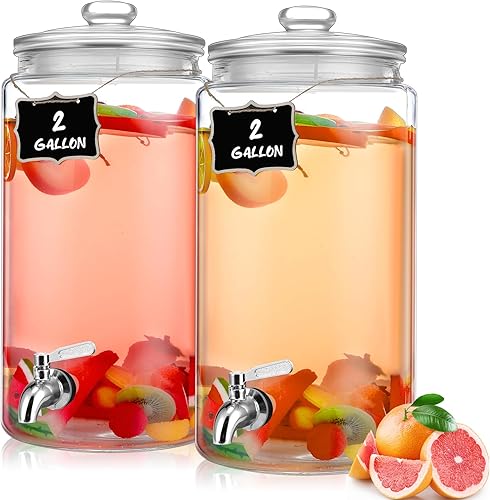 Bokon Dispensador de bebidas de vidrio de 2 galones para fiestas, dispensador de bebidas con espita de acero inoxidable y pizarra para frasco,