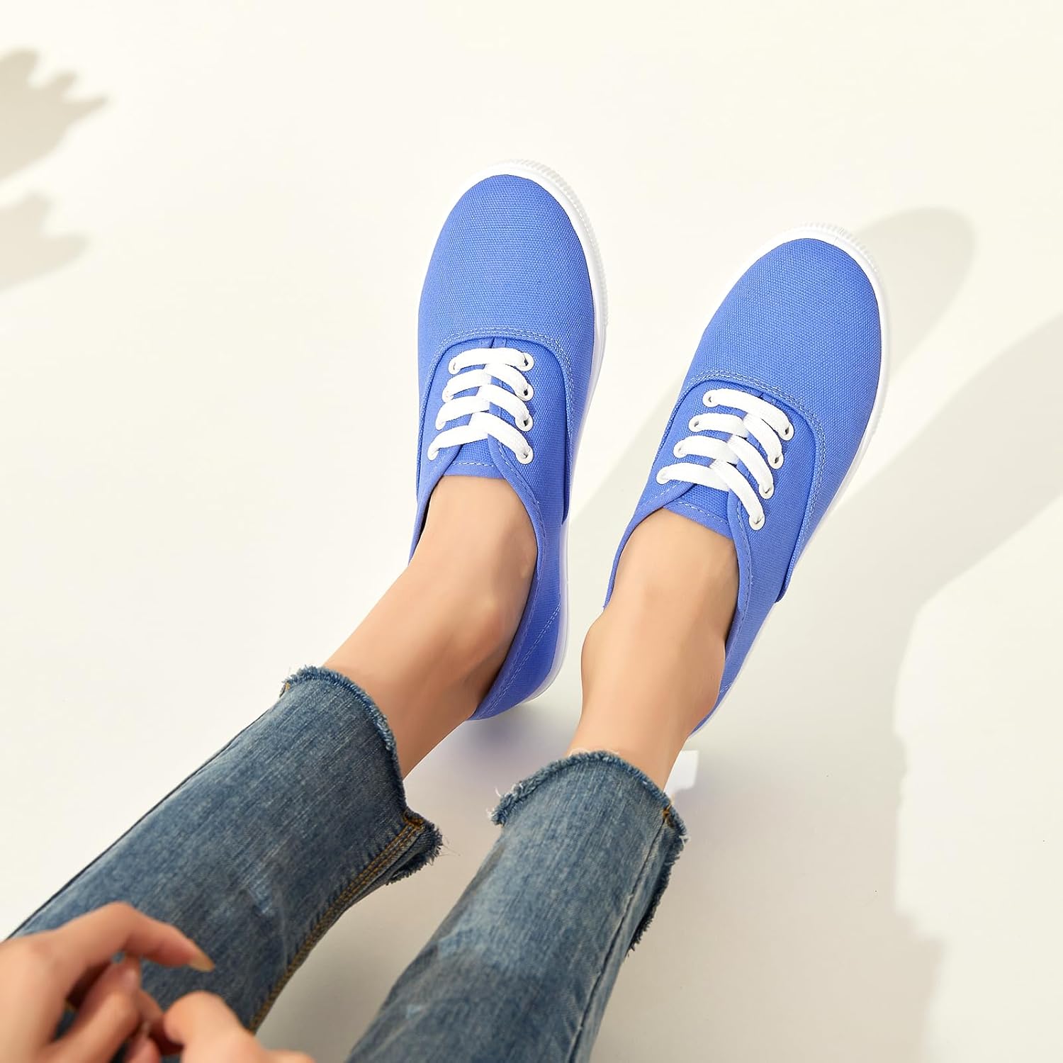 Womens Classic White Sneakers,Low Top White Canvas Shoes,Lightweight Casual Canvas Sneakers - Image 2