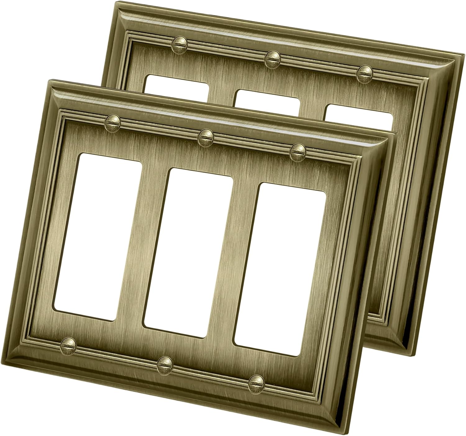 [2 Pack] BESTTEN Grand Collection 3 Gang Zinc Alloy Aged Brass Metal Decorator Wall Plate, Decor Antique Brass Outlet Cover for Switch or Receptacle, Durable Corrosion Resistant