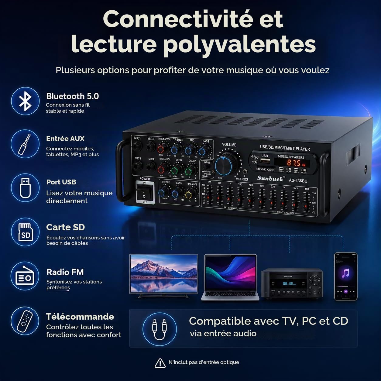 amplificateur hifi stéréo avec Bluetooth 5.0 2000 W récepteur audio karaoké FM USB SD AUX, préamplificateur mélangeur EQ 5 bandes, 4 mir, amplificateur avec boîtes, tuner