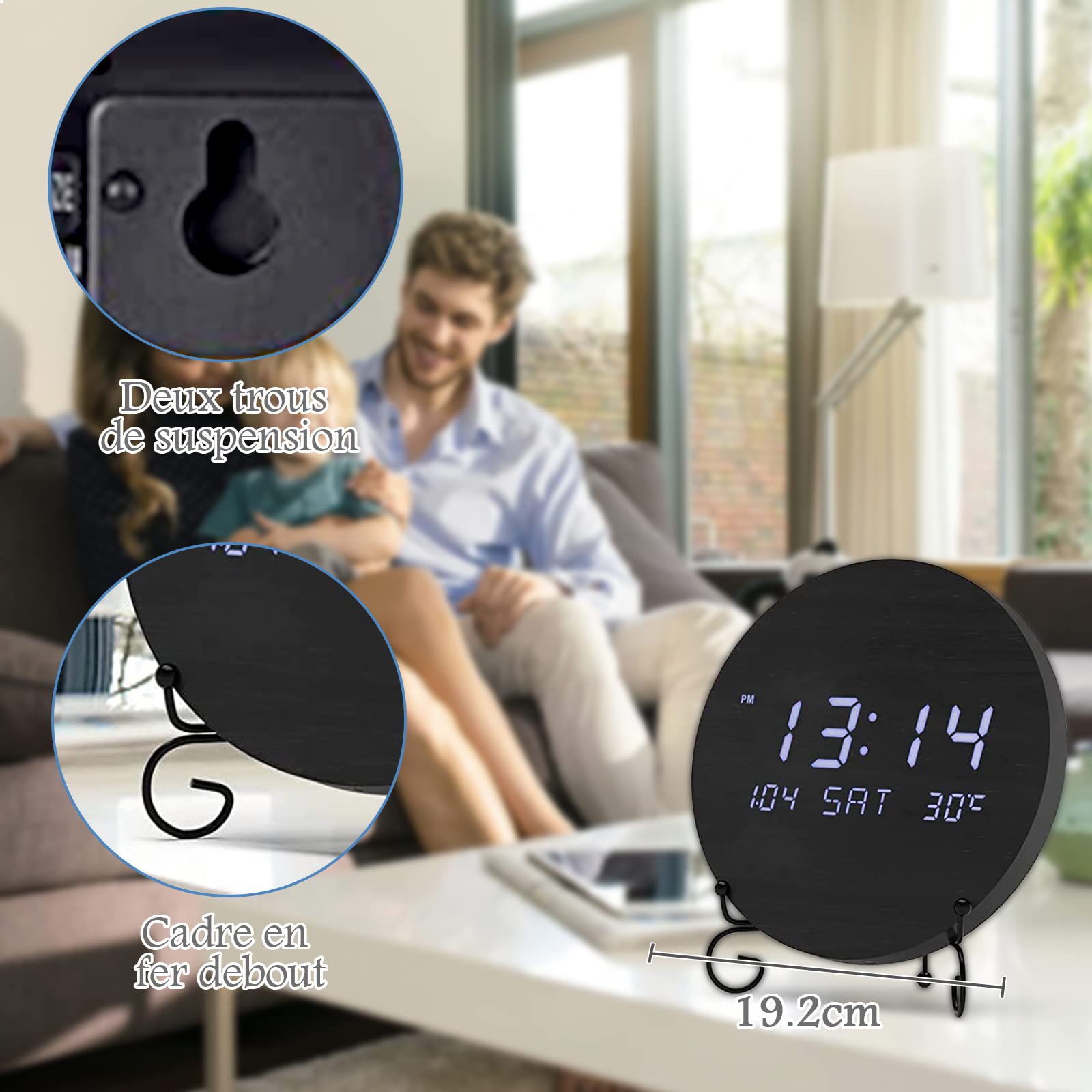 BIGFOX Horloge Murales NuméRique à LED avec Afficher la Date et la TempéRature,Horloge Silencieuse en Bois pour Chambre,Cuisine,Bureau