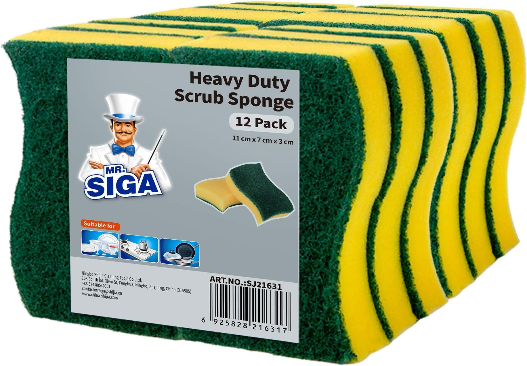 MR.SIGA Heavy Duty Scrub Sponge, Pack of 12, Size:11 x 7 x 3 cm, 4.3" x 2.8" x 1.2"