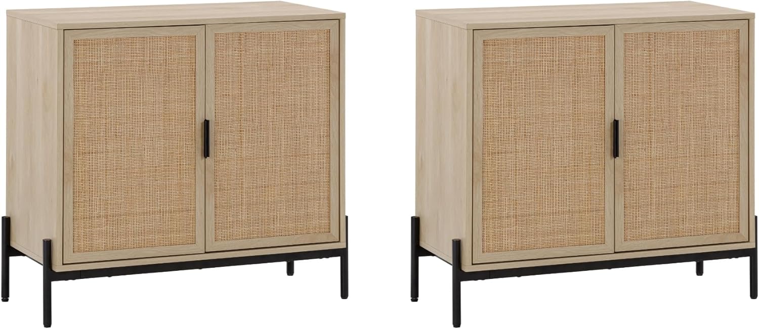 Nathan James Andrew Bohemian TV Stand or Kitchen Sideboard Credenza, Rattan Accent Cabinet with Metal Legs, Light Oak/Matte Black, Set of 2