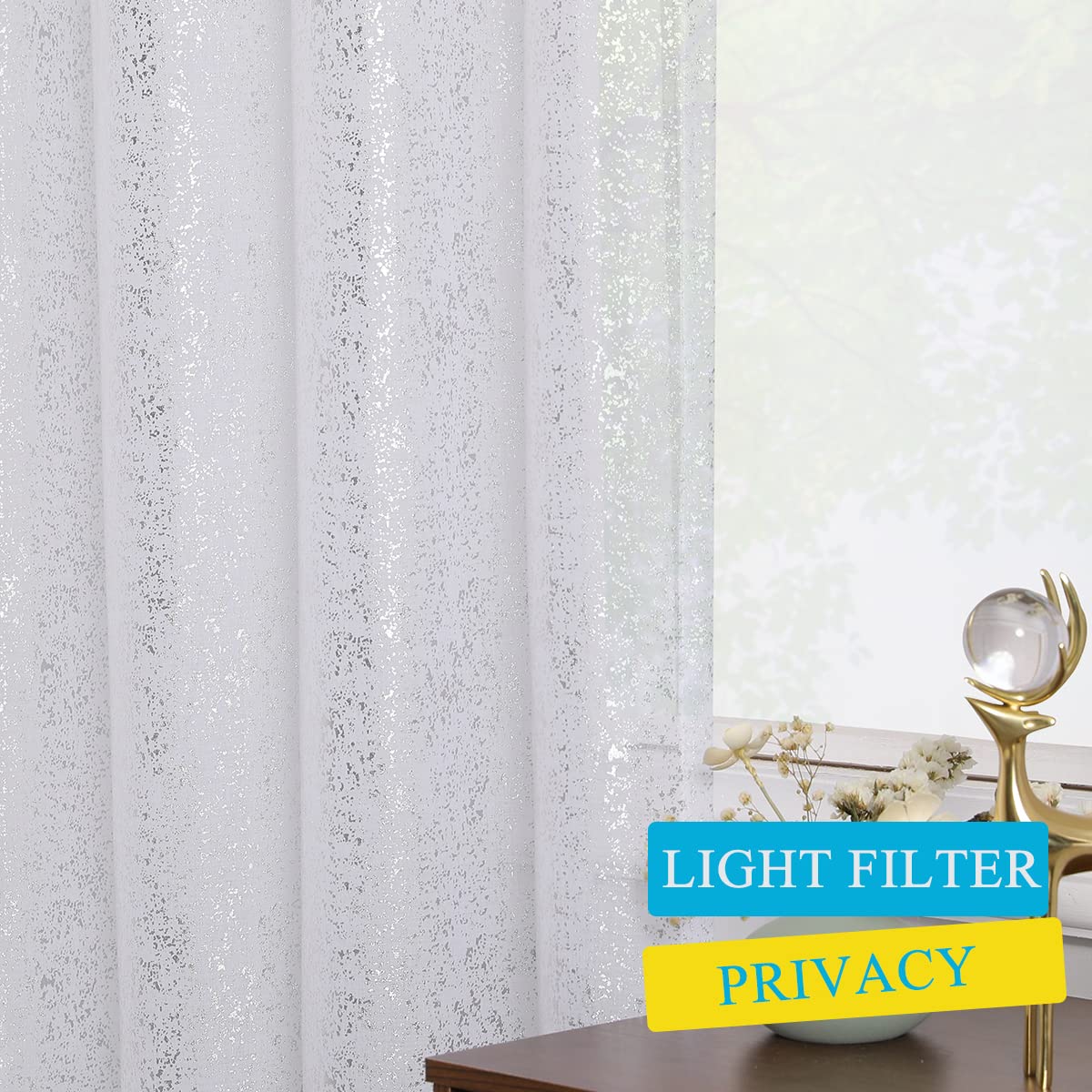 TERLYTEX Tende velate bianche argentate, lunghezza 274 cm, in lamina argentata metallizzata, con glitter, tende trasparenti per soggiorno, con tasca per asta, 132 x 274 cm, 2 pannelli, bianco argento