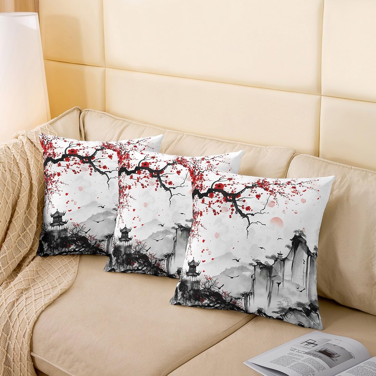 Feelyou Cherry Blossoms Throw Pillow Covers 24"x24" Set of 2 Kids Japanese Style Decorative Pillow Case Pillowcase for Boys Girls Home Decor Cushion Cover Sakura Flower Outdoor Pillows Covers
