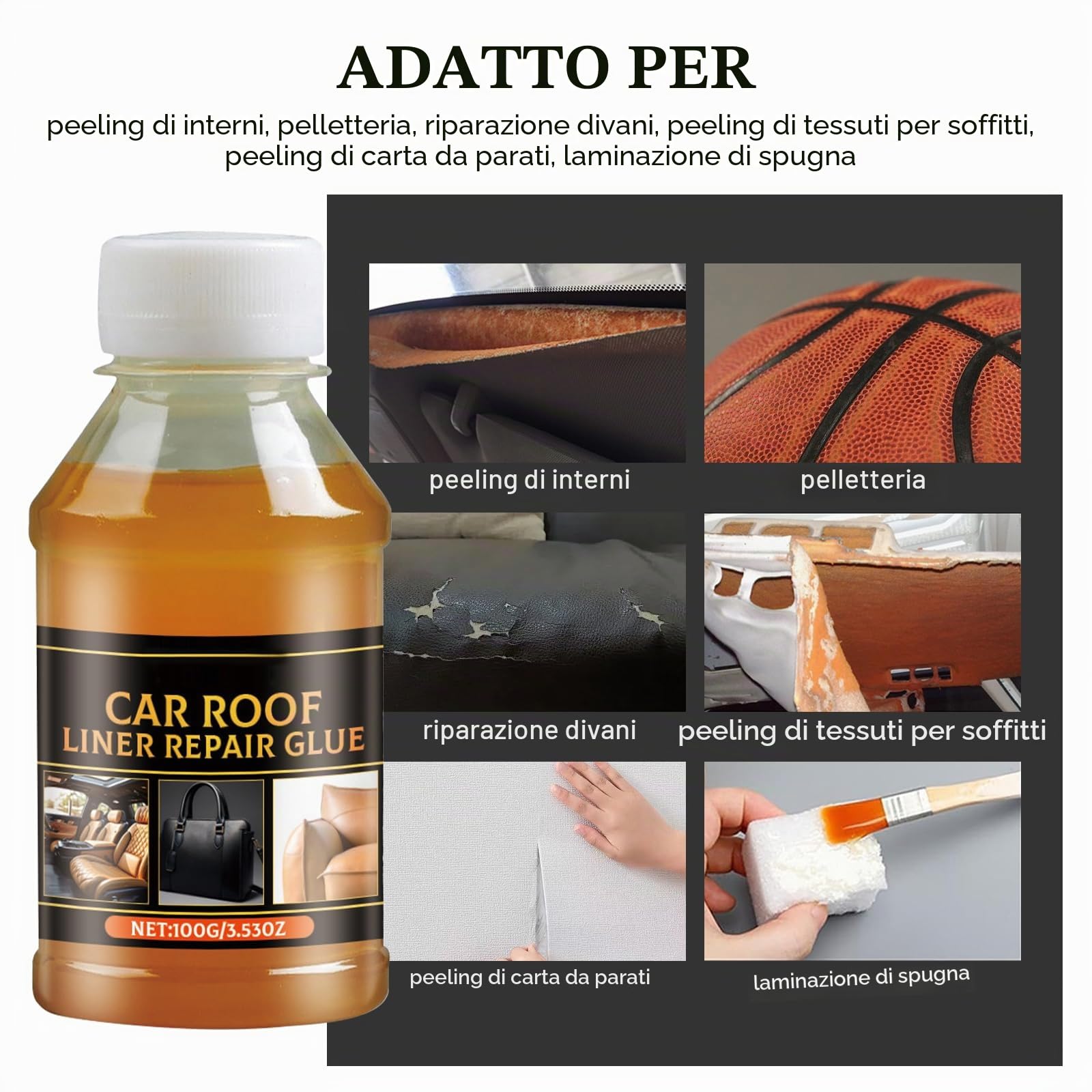 100 ml Headliner Repair Glue, Adesivo di Riparazione per il Cielo dell'auto,Colla per Riparazione del Cielo dell'Auto Adesivo Potente per Tessuto e Interno,per Tutti i Tipi di Pelle, con Pennello