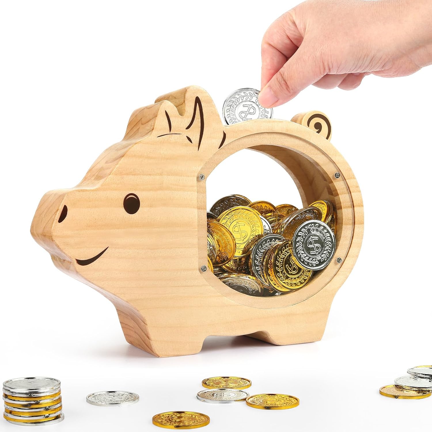 Wooden Money Box with Clear Acrylic Window, Cute Little Piggy Bank for Kids | Personalised with DIY Stickers, Learning Savings for Boys & Girls, Birthday Idea