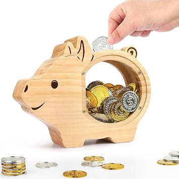 Piggy Bank for Kids, Personalized Unbreakable Wooden Piggy Bank for Toddlers, Cute Saving Coin Jar with Sticker, Dual-Sided Visible Creative Christmas Birthday Gift for Child