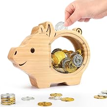 Piggy Bank for Kids, Personalized Unbreakable Wooden Piggy Bank for Toddlers, Cute Saving Coin Jar with Sticker, Dual-Sided Visible Creative Christmas Birthday Gift for Child