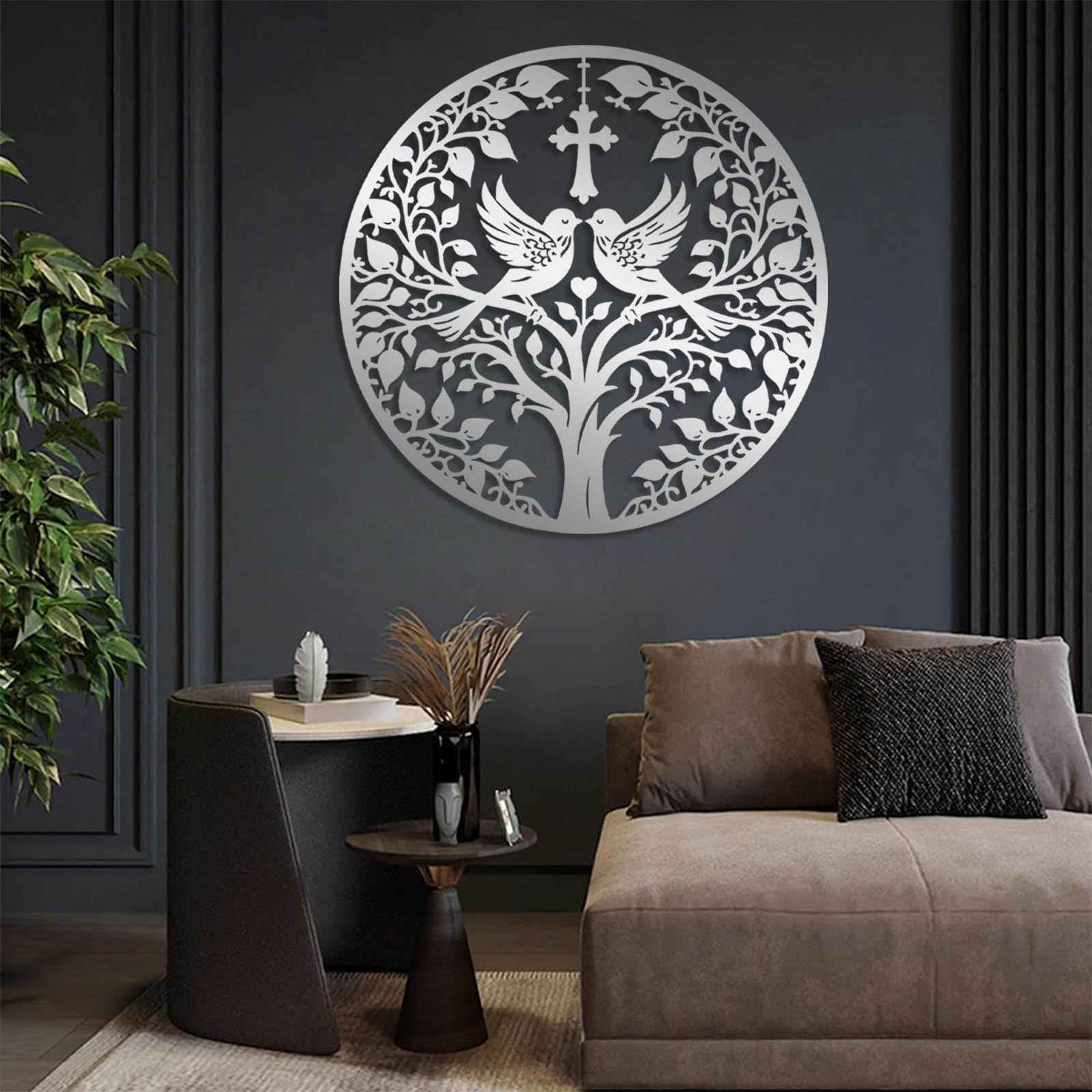 Nowoczesna minimalistyczna metalowa dekoracja ścienna drzewo życia, chrześcijański krzyż sztuka z ptakami, gałęzie Jezusa, wisiorek (srebrny, 60 x 60 cm)
