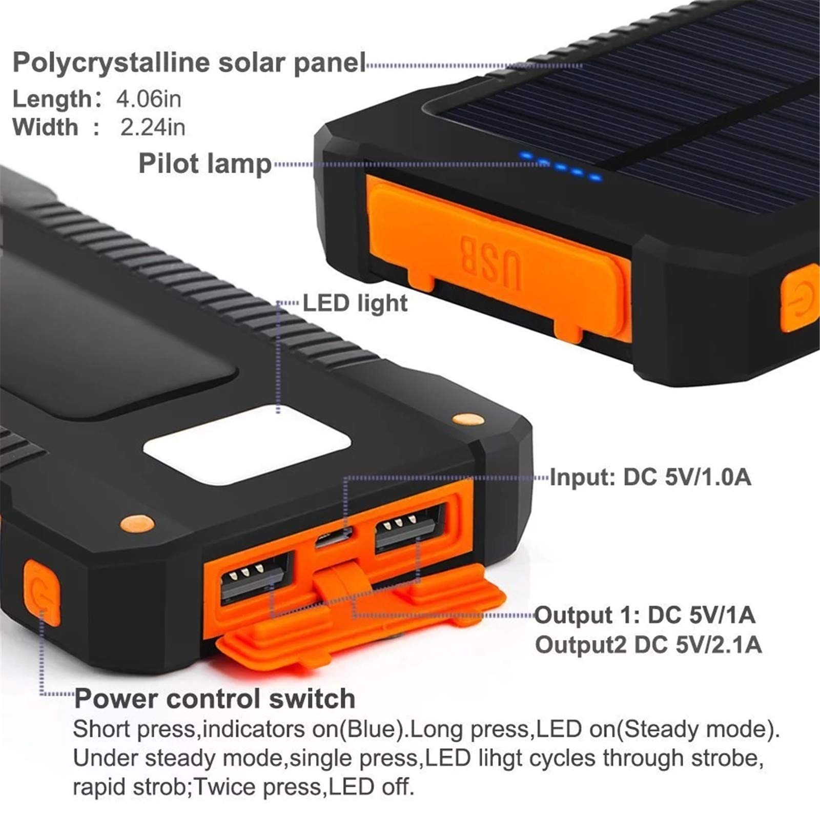 WFEI Banco de energía Solar Impermeable 50000mAh Cargador Solar Puertos USB Cargador Externo PowerBank con luz LED,Naranja