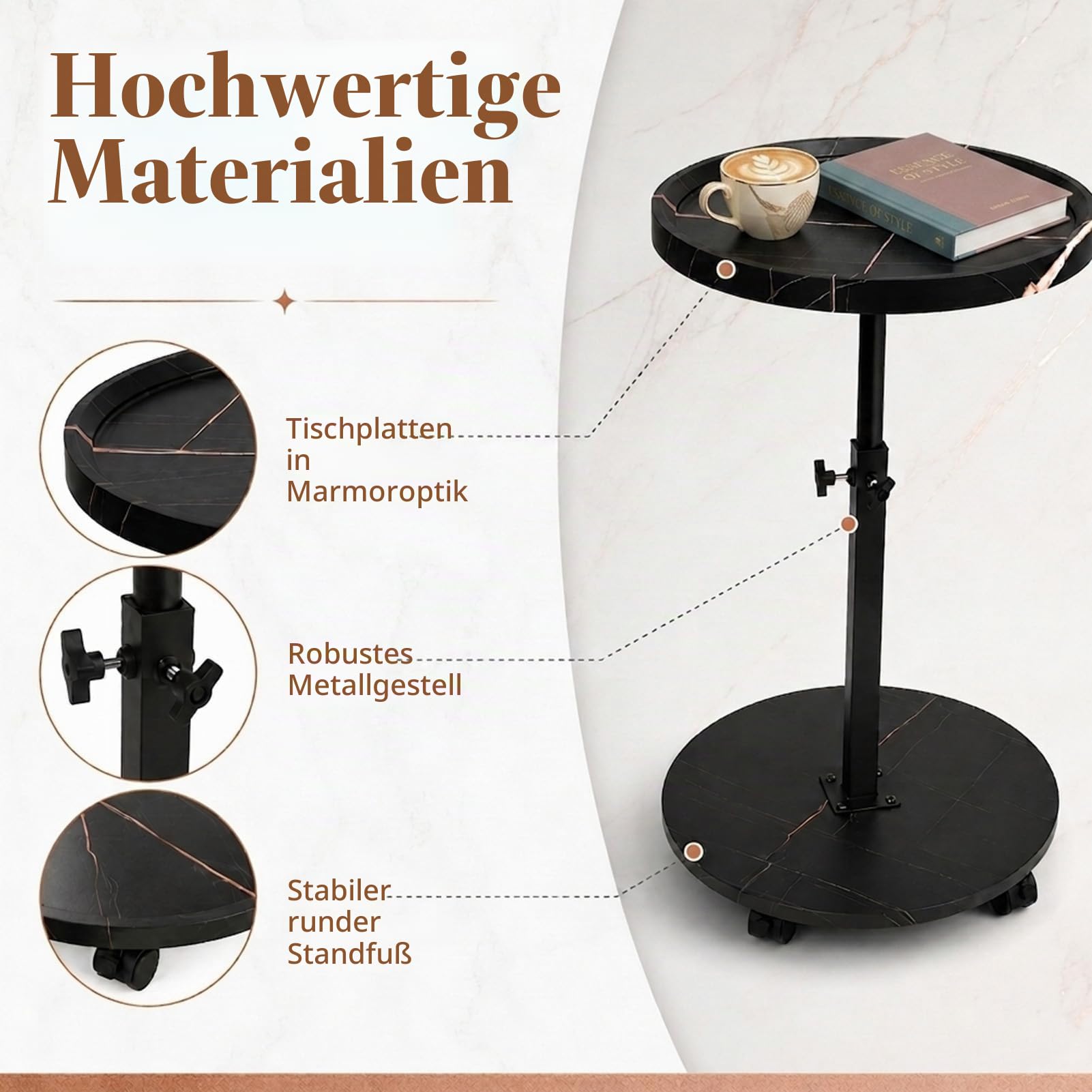 Beistelltisch Rund mit Rollen | Beistelltisch Höhenverstellbar (45-80cm) | Runde Beistelltische Holz Haben 360° Rotierend Nussbaum Finish | Couchtisch Klein für Wohnzimmer Sofa Couch (Schwarz)