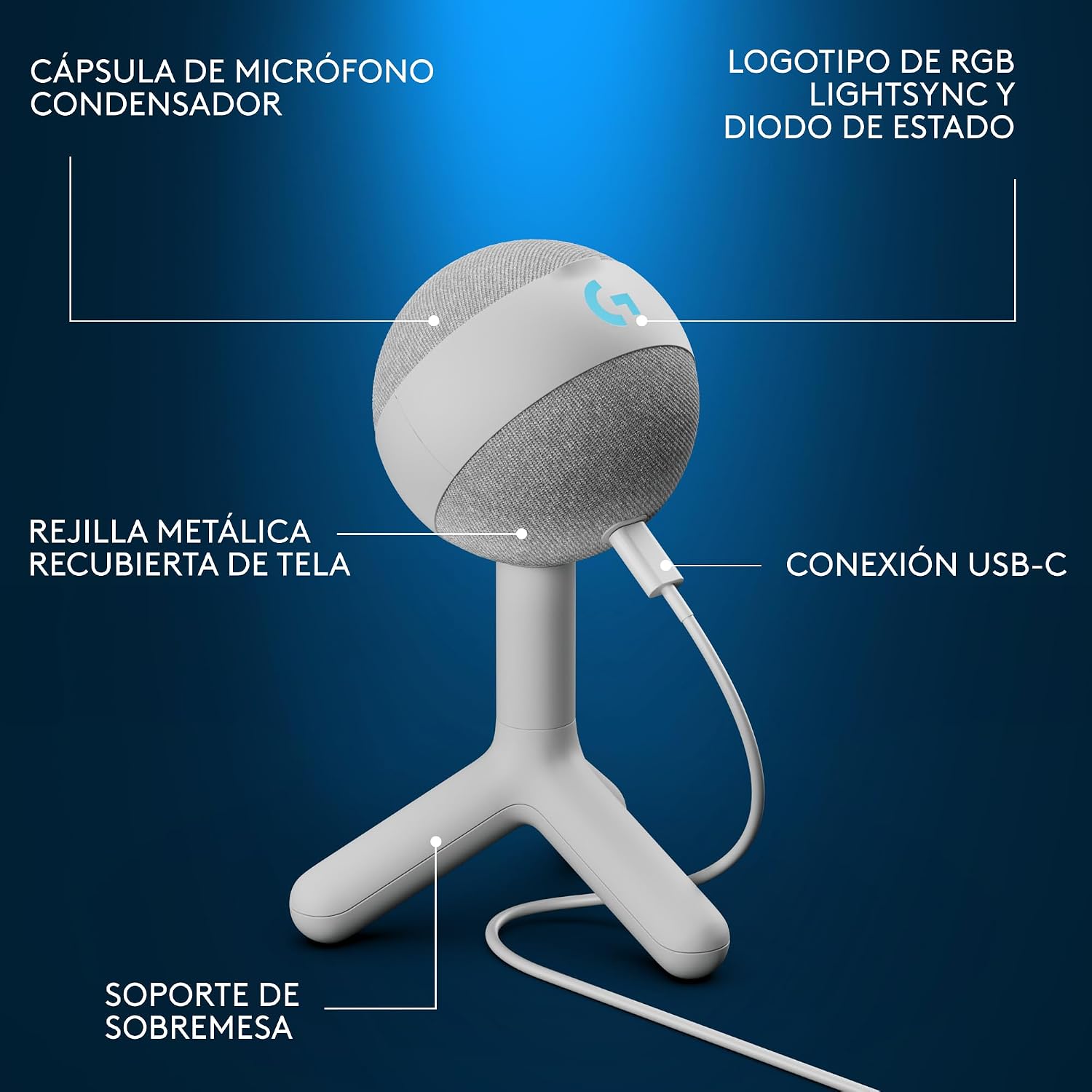Logitech G Yeti Orb, micrófono Condensador RGB con LIGHTSYNC para Gaming, micrófono USB para Streaming, cardioide, Plug and Play USB para PC/Mac – Blanco 6
