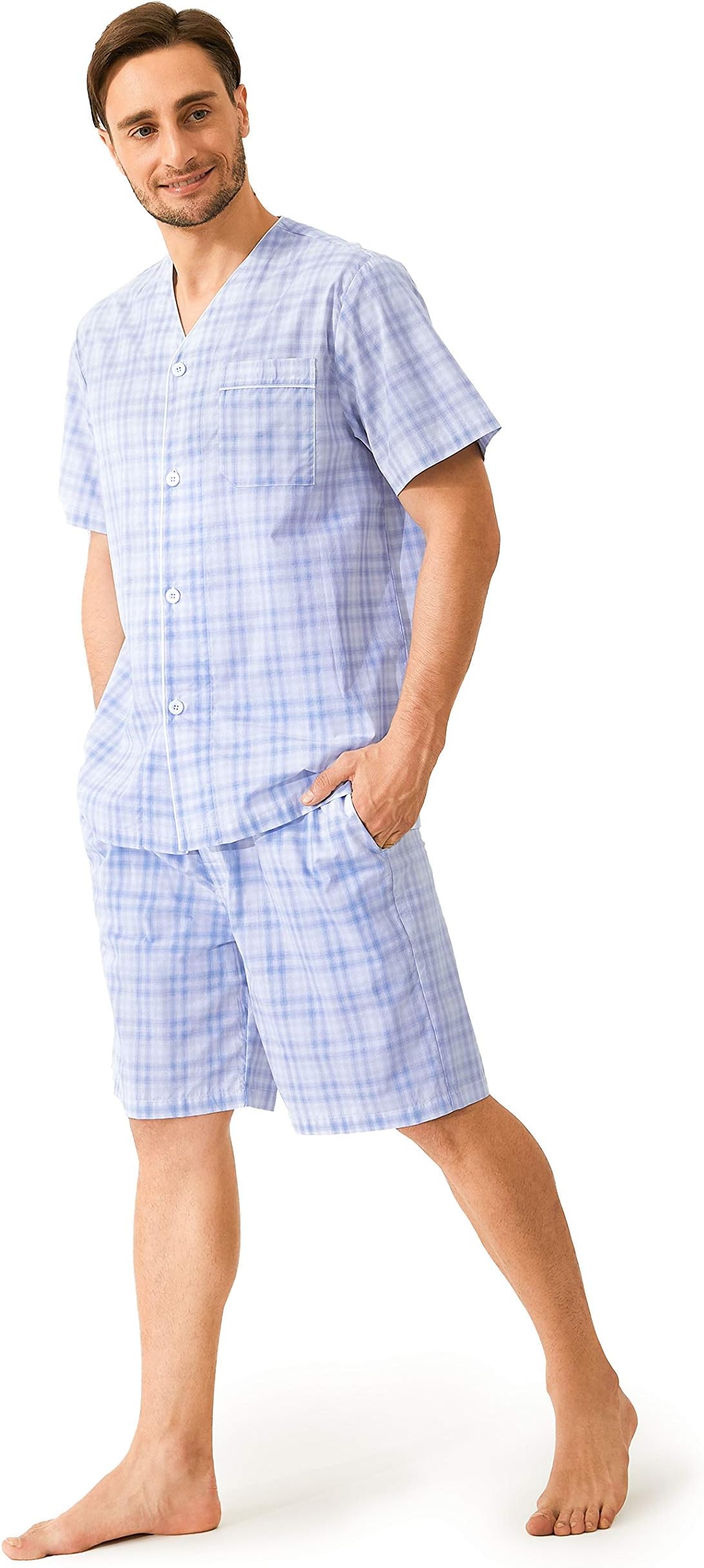 DAVID ARCHY Men's 100% Cotton Pyjamas 2-Piece Sleepwear Short Sleeve Shirt and Trousers with Button Placket Pockets and Band Stripes Checked