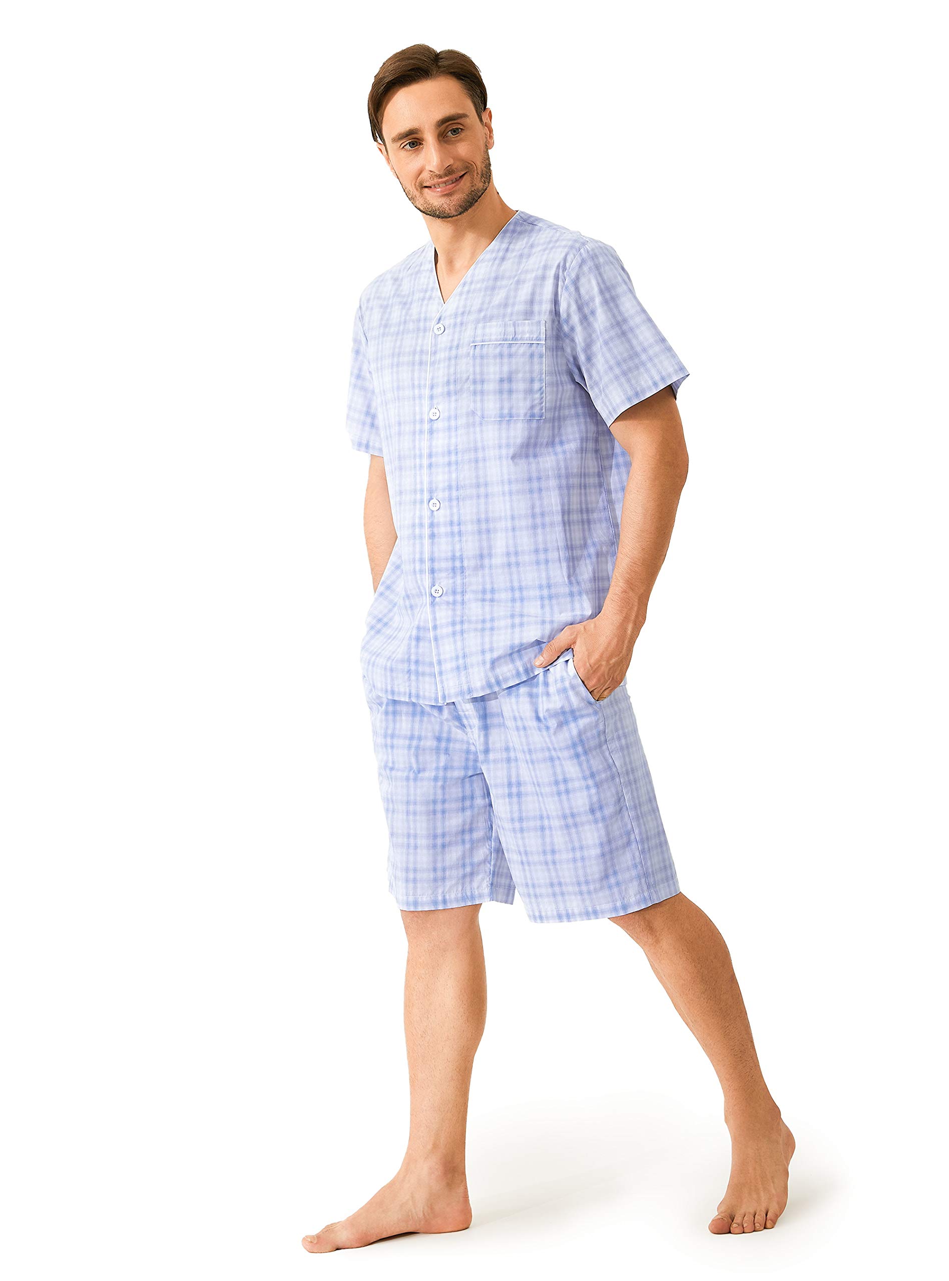 DAVID ARCHY Men's 100% Cotton Pyjamas 2-Piece Sleepwear Short Sleeve Shirt and Trousers with Button Placket Pockets and Band Stripes Checked