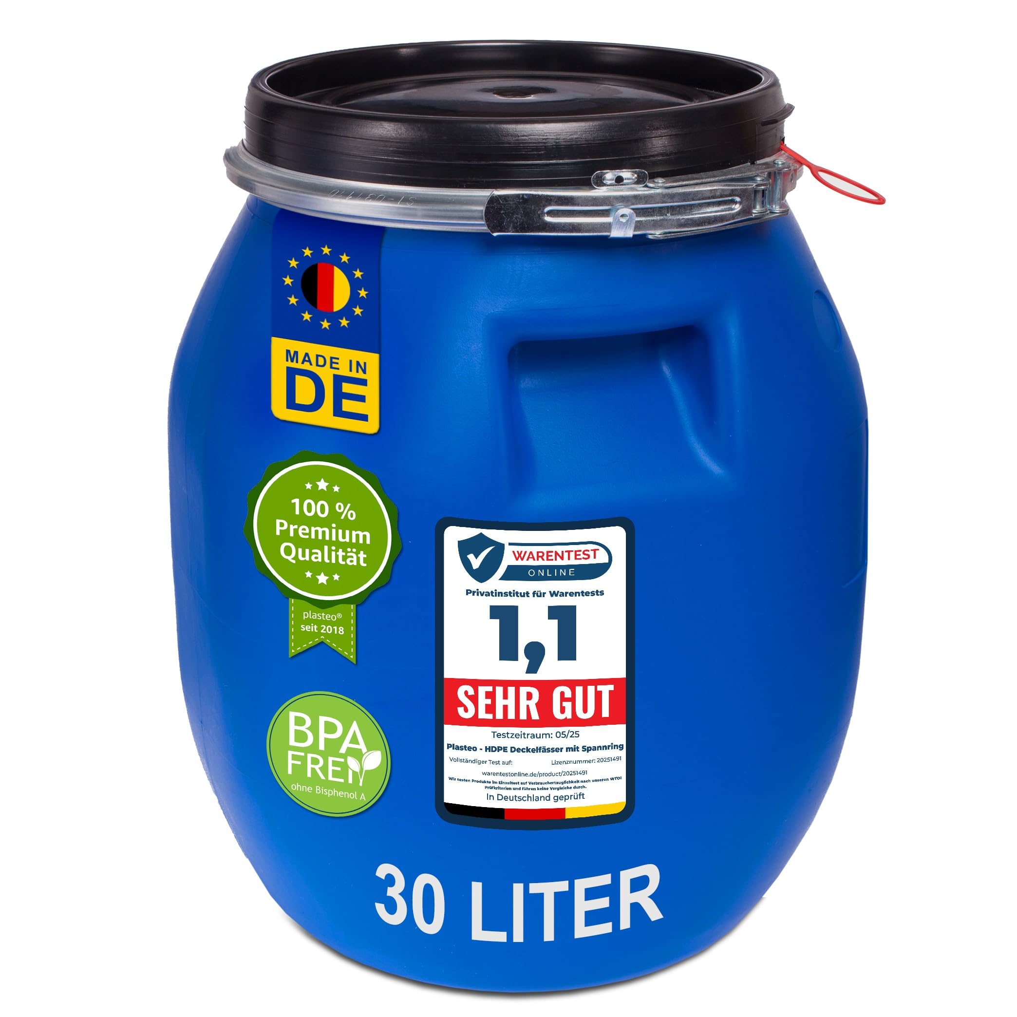 plasteo® 30 Liter Deckelfass mit Spannverschluss| Lebensmitteltauglich | Futtertonne | Luftdicht Verschließbar | Stapelbar und Palettengerecht | Stabile Griffmulden | Blau