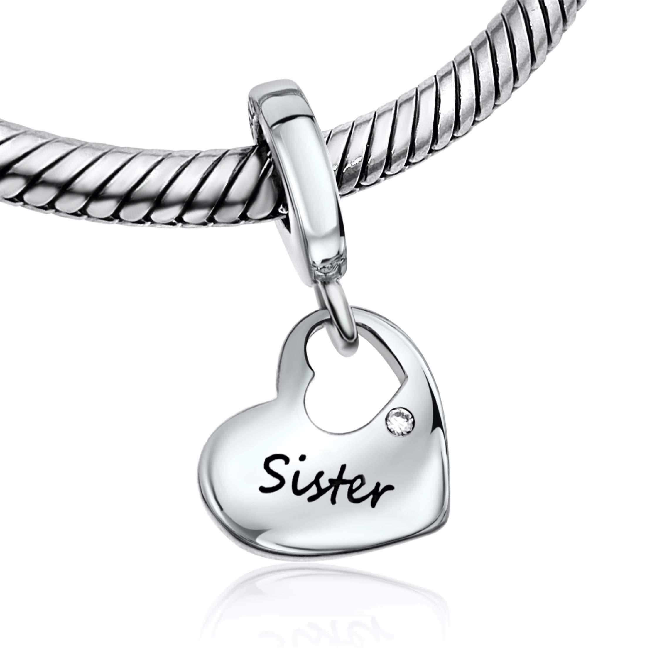 BOLENVI Love Family Heart 925 Sterling Silver Pendant Charm Bead For Pandora & Similar Charm Bracelets or Necklaces (Sister)
