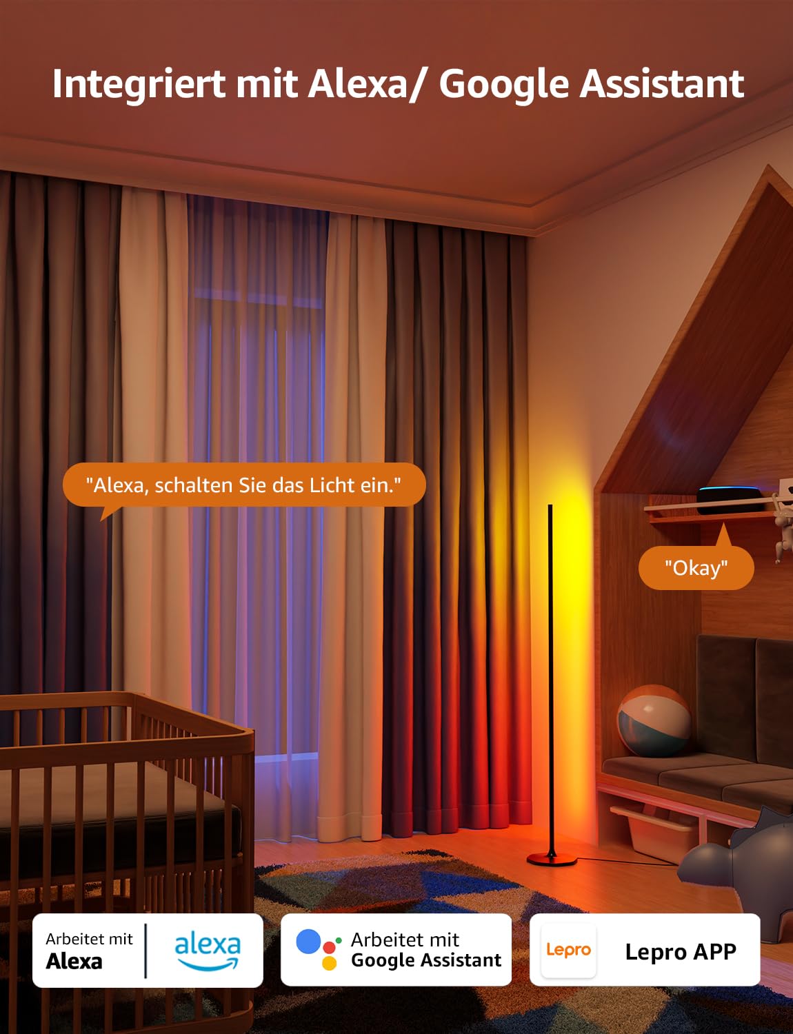 Lepro AI Smart Stehlampe Wohnzimmer OE1, Kompatibel mit Alexa/Google | Stehlampe Dimmbar (140CM), Sprachsteuerung/Musik Sync/DIY, Personalisierter KI-Lichtdesigner, 16 Millionen Farben