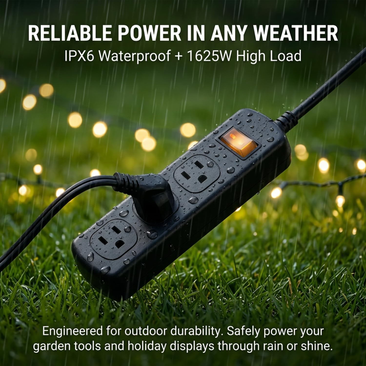 Outdoor Power Strip Weatherproof IPX6, Waterproof Surge Protector with 3 Wide-Spaced Outlets, Heavy Duty Extension Cord for Garden Patio Garage, Wall Mountable, 13A 1625W, Black (Black, 6FT)
