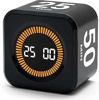 Rotating Productivity Timer 5, 25, 10, 50 Minutes Preset, Desk Cube w/Gravity Sensor for ADHD, Mute Functions, Ideal for Work, Study, Kitchen, Back to School (1, Black)