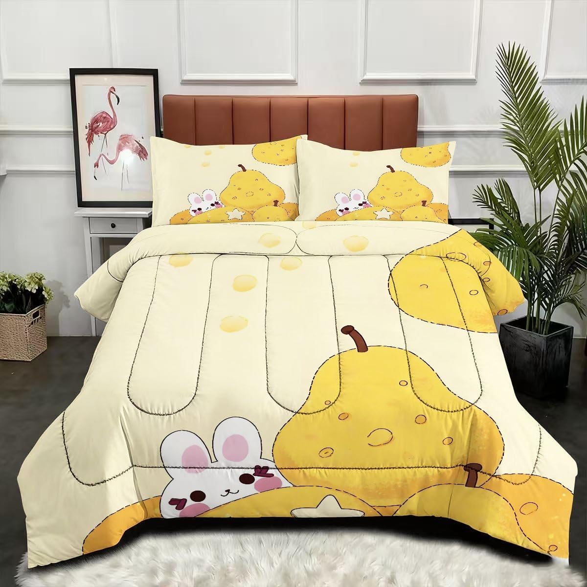 Couette 200x200 cm poire jaune en coffret 3 pièces, cadeau maison parfait