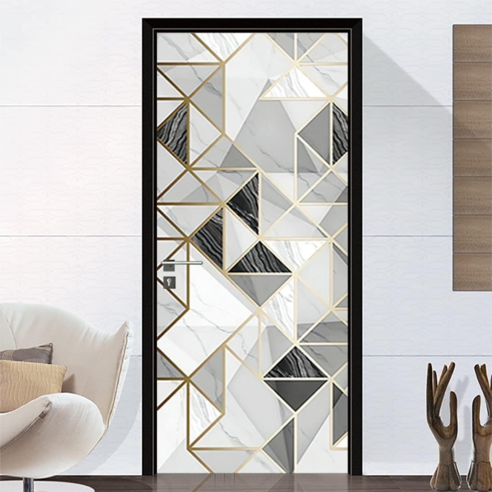 Papier peint porte marbre blanc géométrique 3D pour rénover sans travaux