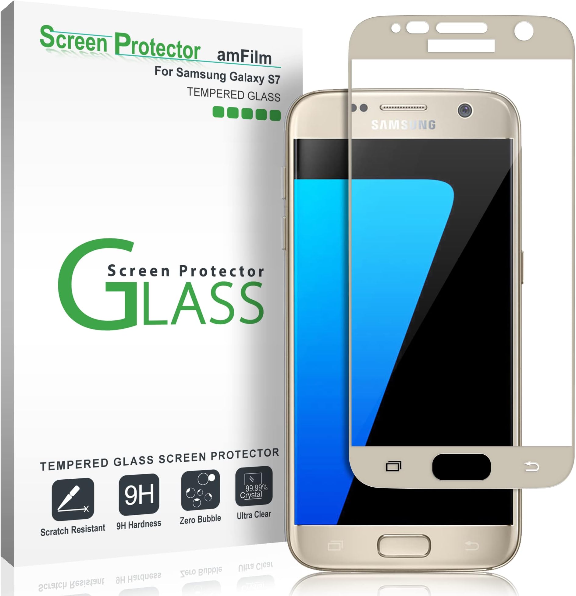 amFilm Glass Screen Protector for Galaxy S7, Tempered Glass, Dot Matrix, 3D Curved, with Gold Border