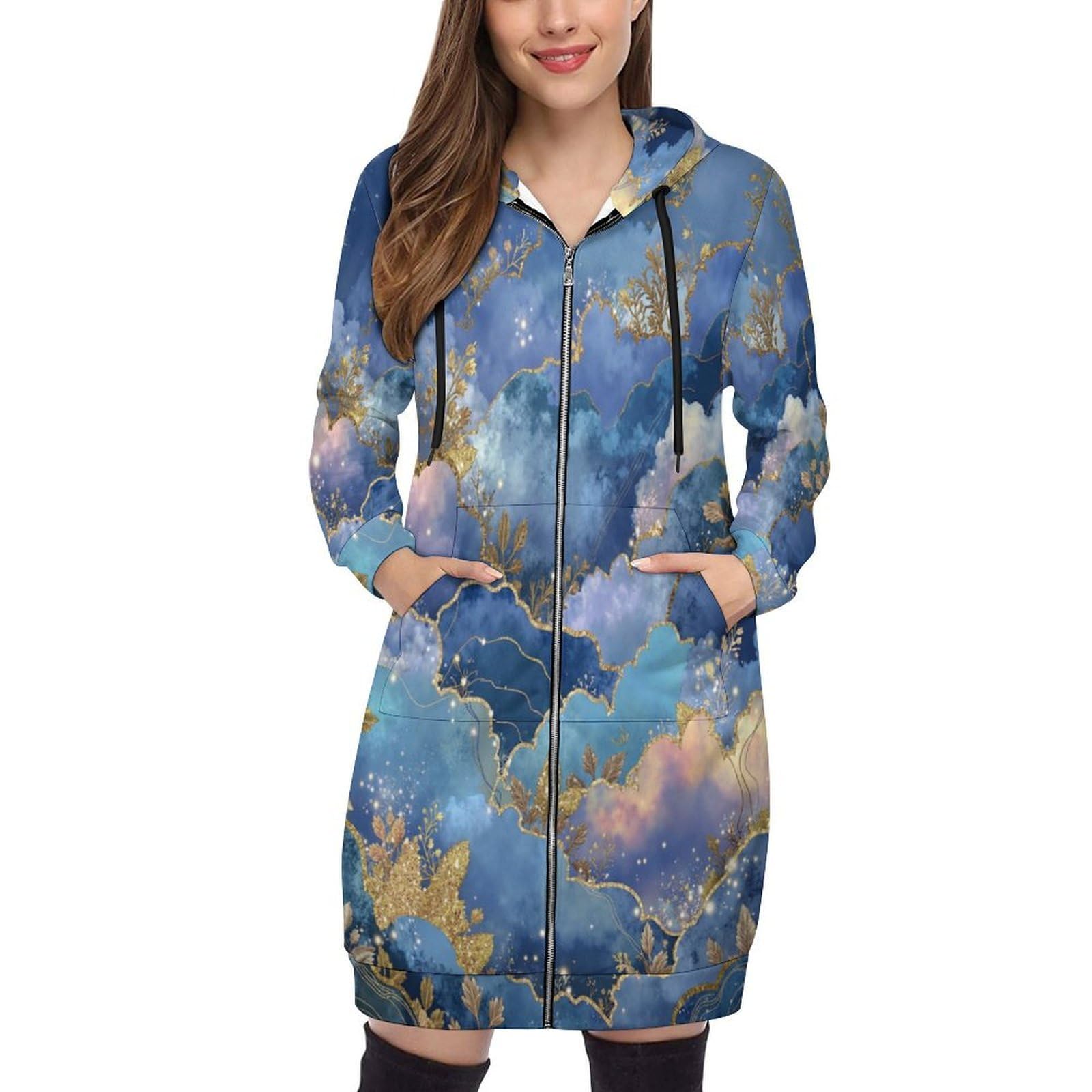 Felpa Donna con Zip Felpe Sportiva con Tasche E Cappuccio Cielo Stellato Design delle Nuvole Morbida Invernale Giacca Regolabile Blu Confortevole per Uso Quotidiano Casual