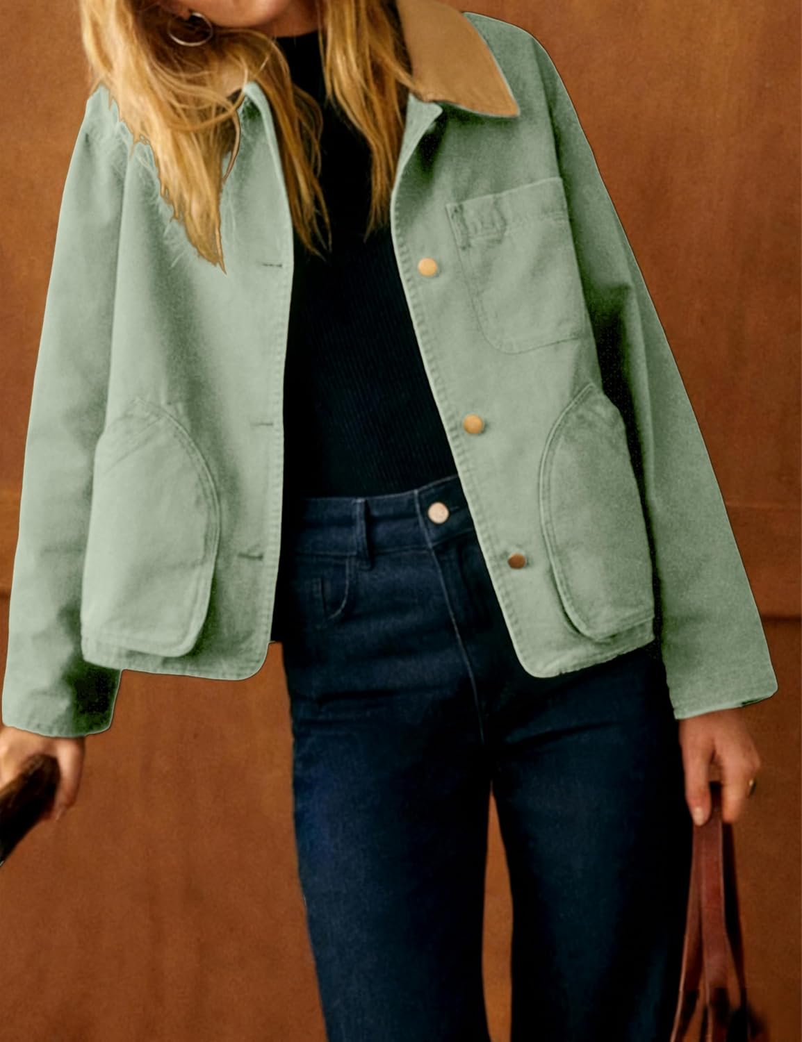 Yeokou Womens Casual Jacket Crop Barn Trench Coat Long Sleeve Button Down Oversized Jacket with Pockets Outerwear - Image 2