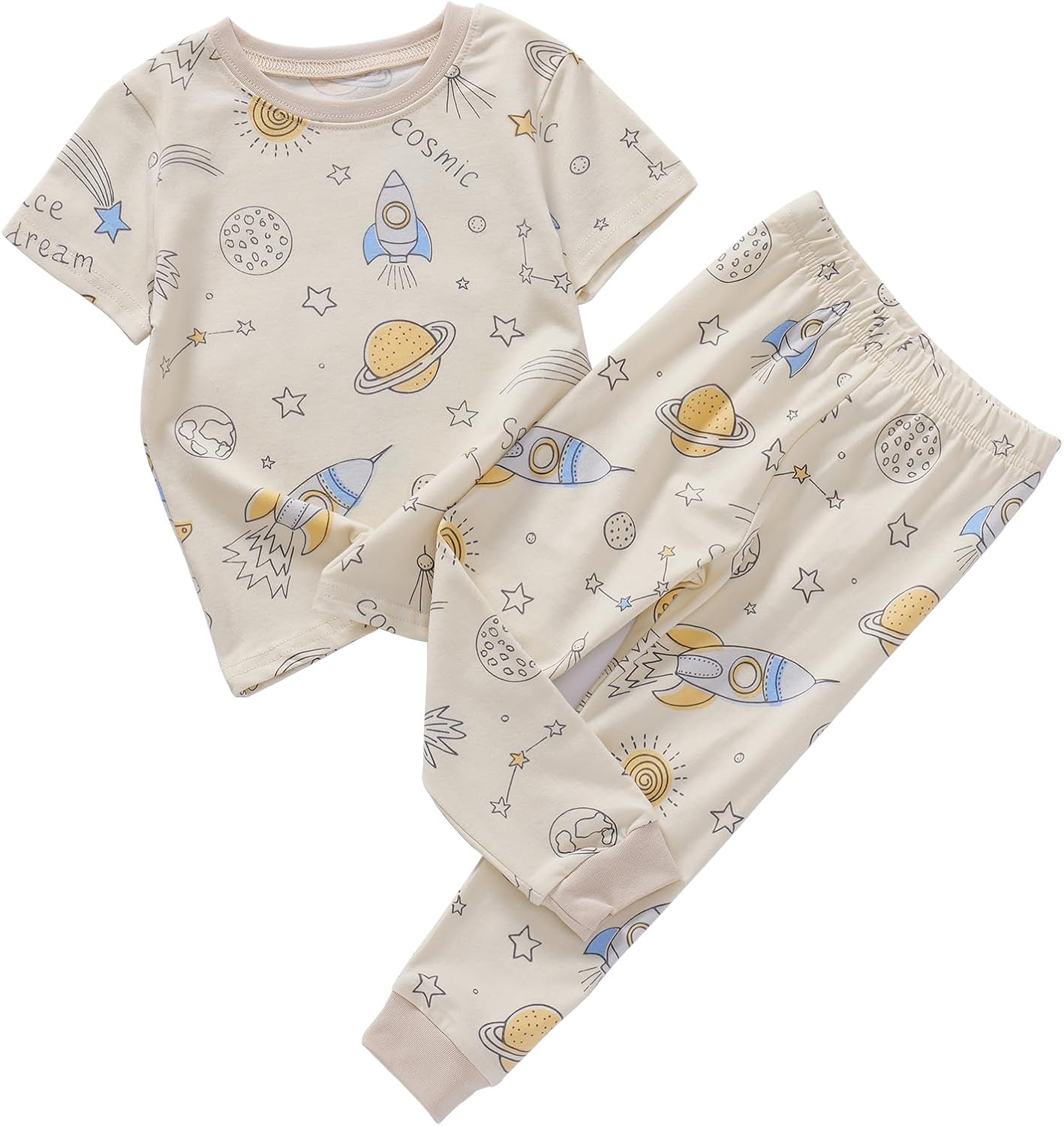 Little Boys Cotton Pajamas Sets Short Sleeve Top with Long John Snug Fit 2 Piece Sleepwear