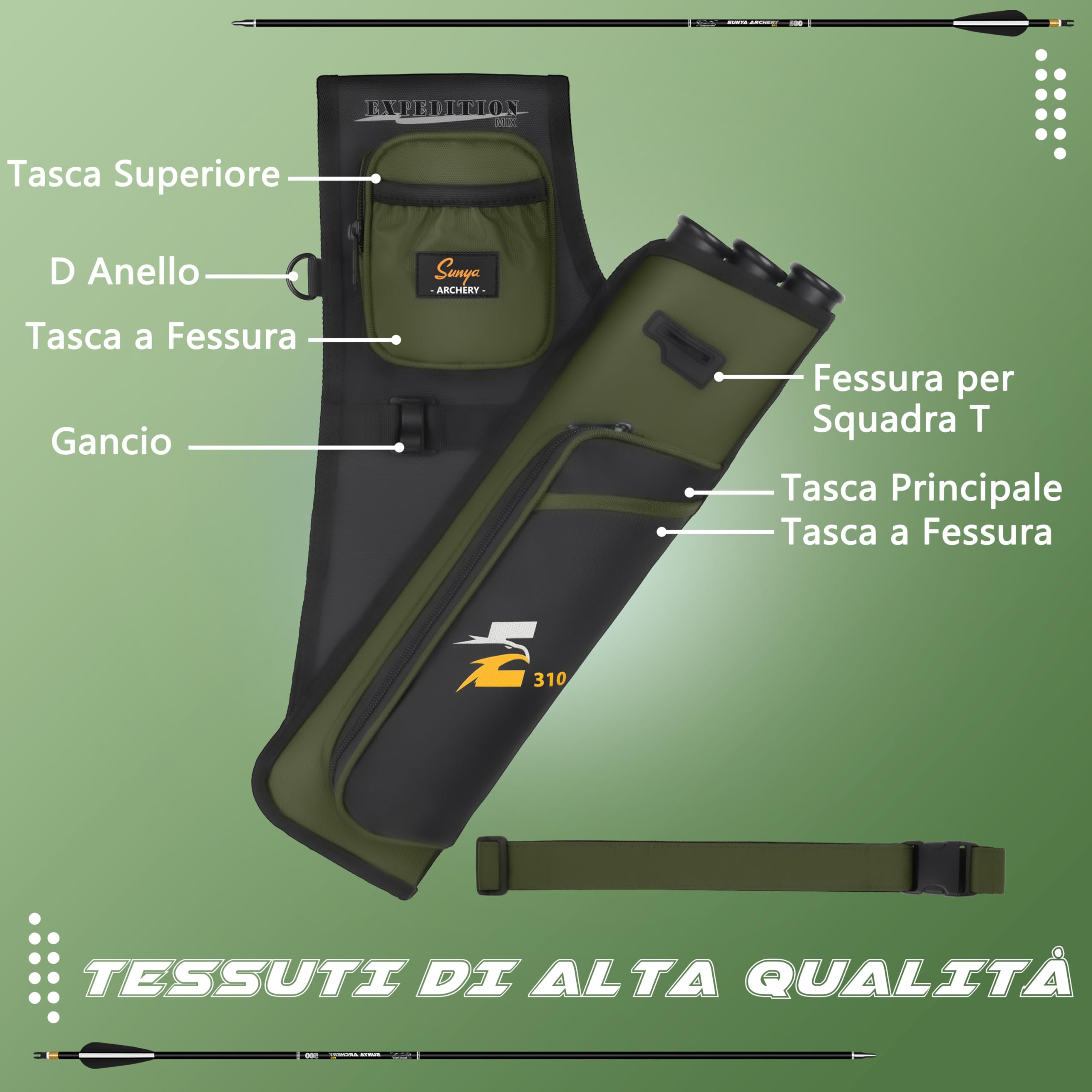 Sunya faretra per frecce Arco. Include 3 Tubi portafrecce, Tasche per Accessori e Cintura. Adatto per Archi Compound e recurve.