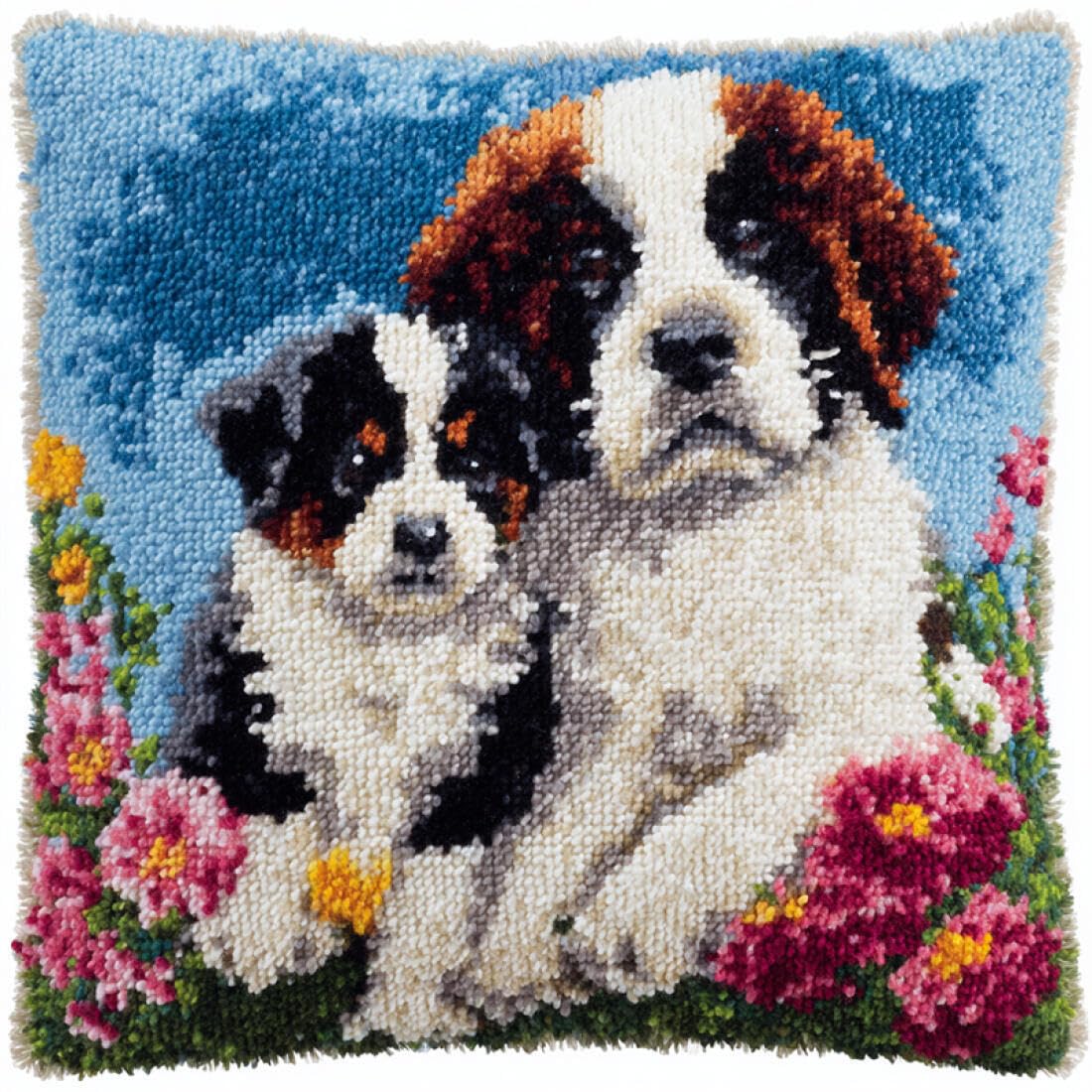 Kitquiver Animal Cushion Making Kit Dogs and Flowers Latch Hook Kit Pillow DIY Rug Crochet Hook Cushion Making Kits with Preprinted Pattern Canvas 17x17In