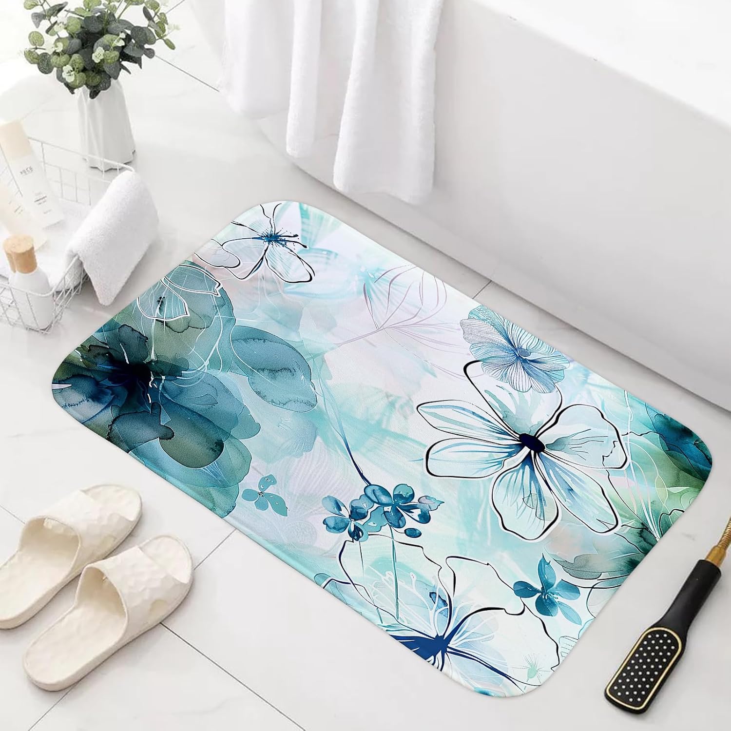 Boho Floral Bath Mat Rug for Bathroom, Cream Tan Beige Blue Grey White Watercolor Flower Bathroom Floor Rugs Mats Non Slip Kitchen Indoor Decor Decoration Accessories 17X29 Inches