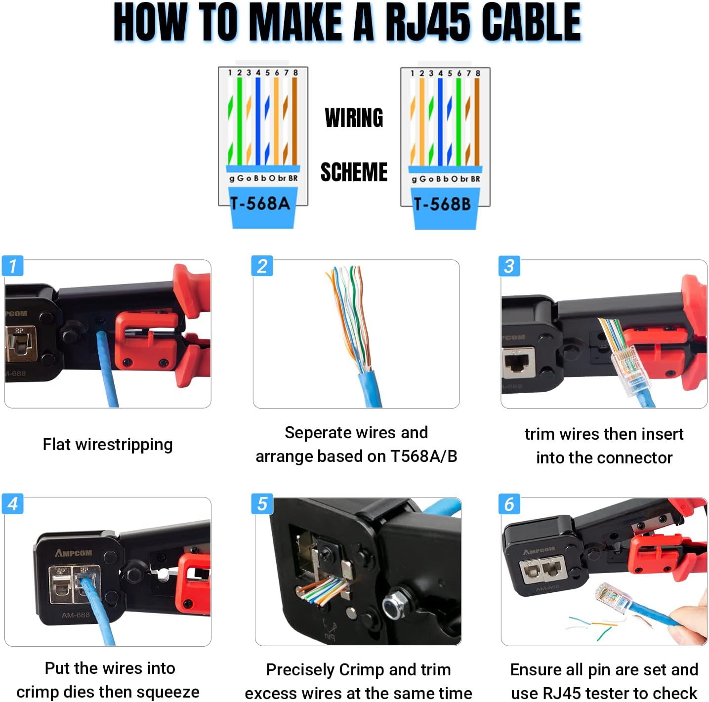 AMPCOM RJ45 Pass Thru Crimping Tool Network Crimper for Pass Through and Regular Type RJ45 RJ12 RJ11 Connector -CAT6/5e（8P8C/6P6C/6P4C)