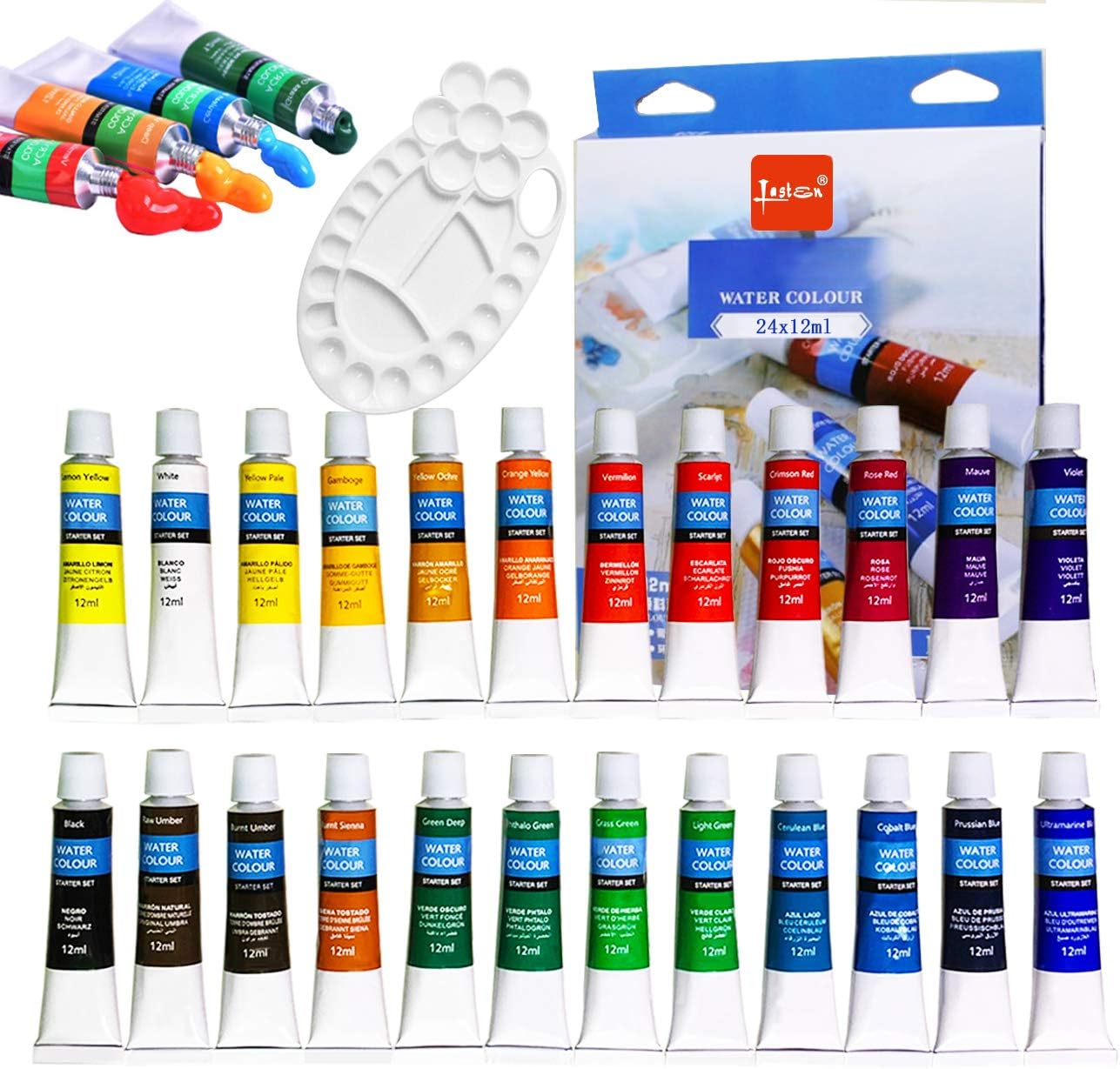 Lasten Watercolor Paint Set,Watercolors Painting Art Kit for Artists Students & Beginners,Perfect for Landscape and Portrait Paintings on Canvas,24 Colors X 12 ml (0.41 fl .oz)