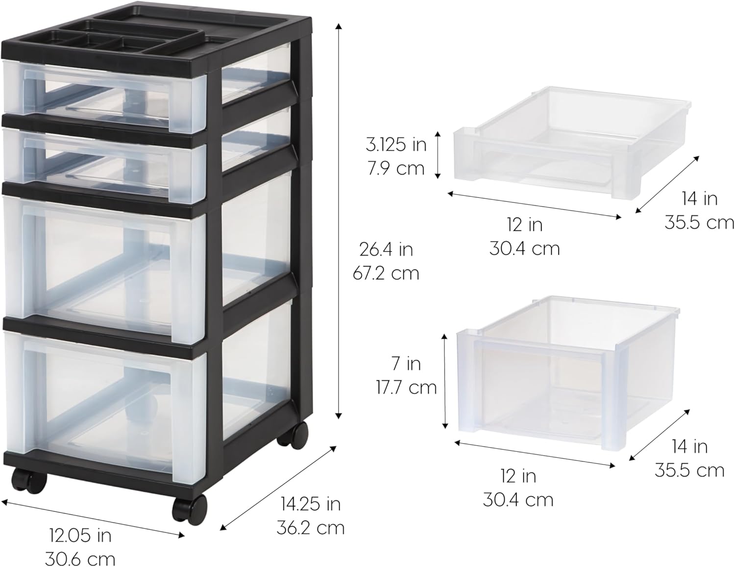 iris usa plastic drawer storage organizer rolling cart, with wheels casters, 4-drawers, for classroom art craft supplies dresser closet bathroom laundry room, black/clear 4 drawer black