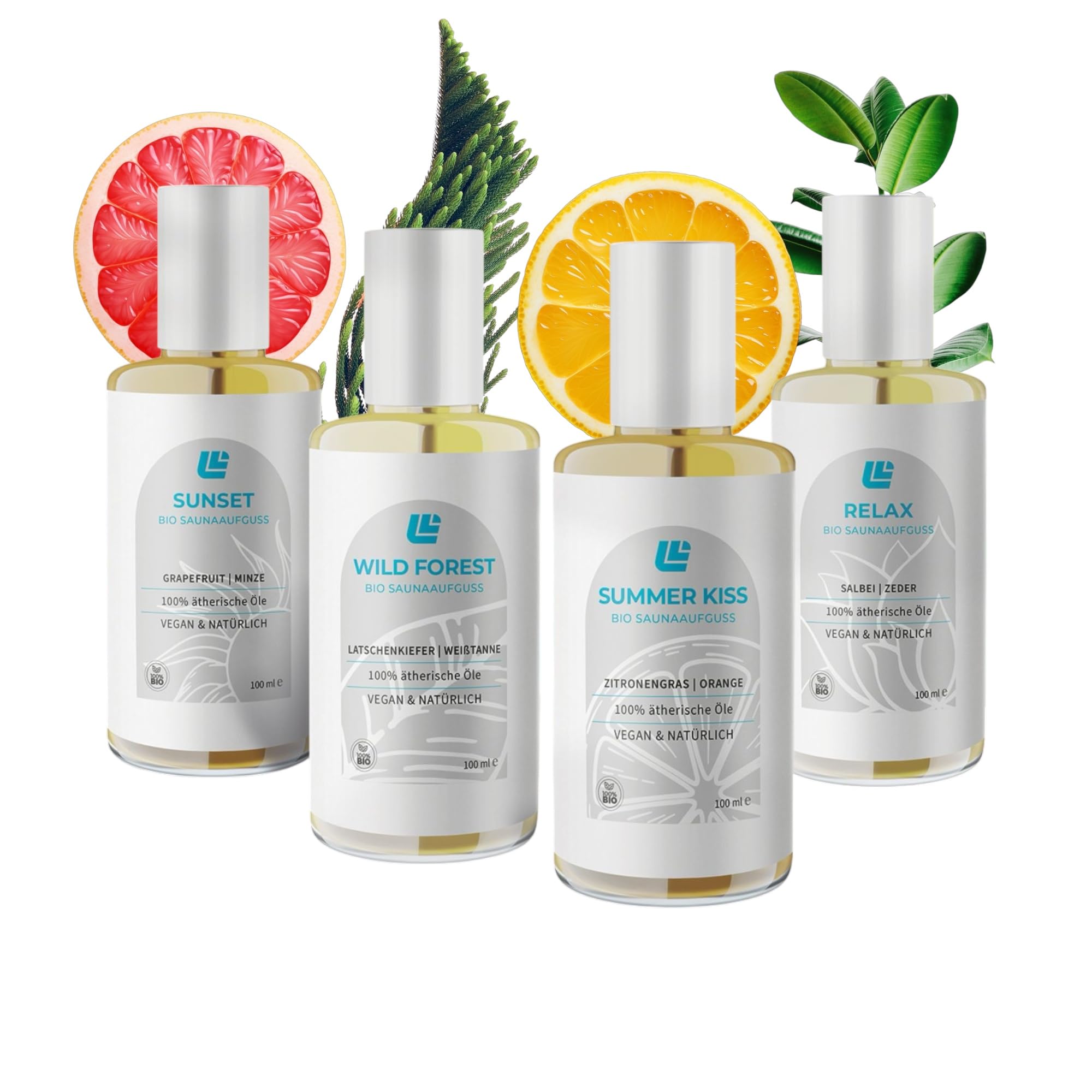 Bio Saunaaufguss 4er Set - 100% ätherische Öle - 4 x 100 ml - Vegan & Natürlich - Saunadüfte - Saunaöle - Premium Qualität - Wellness & Aromatherapie - Vegan & ohne Zusatzstoffe
