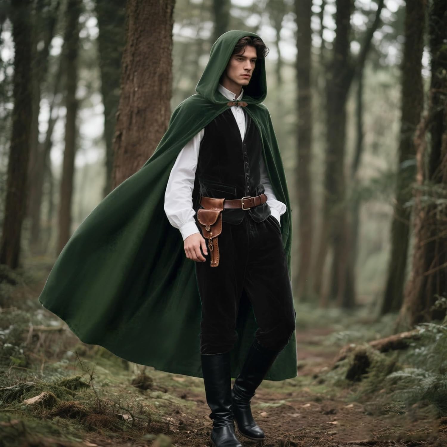 Medieval Cloak with Hood Men Renaissance Costume Accessories Halloween Cosplay Velvet Cloak Hood - Image 3