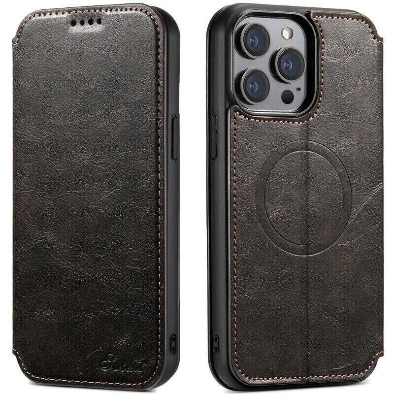 Étui portefeuille iPhone 13 anti rayure en cuir noir avec fermeture magnétique