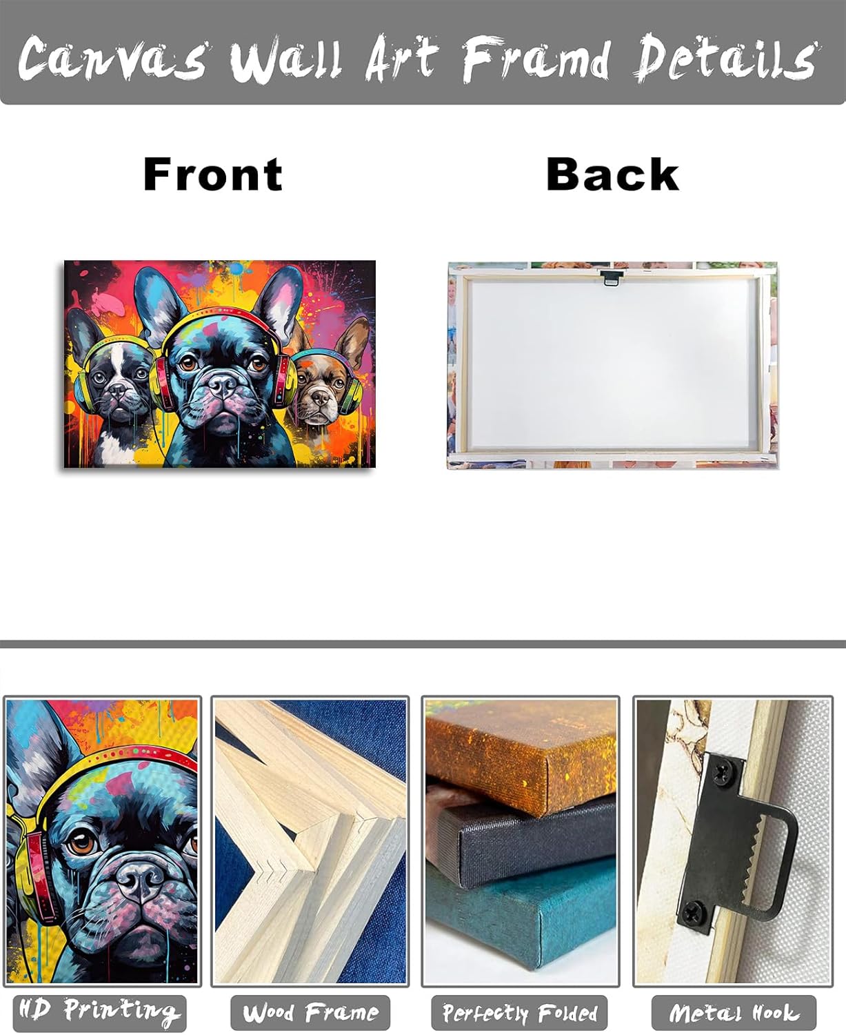 LYUNSHUO Boston Terrier Wall Art Dog Decor Graffiti Canvas Prints Funny Dog Listen To Music Prints Modern Pop Artwork For Living Room Home Office Game Room - 12.00"x18.00"