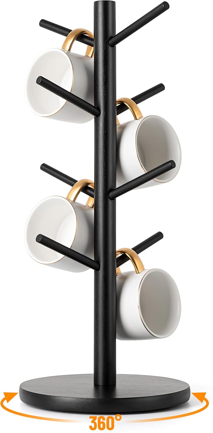 MyLifeUNIT Mug Holder Tree, 360° Rotated Coffee Cup Holder with 8 Hooks, Wooden Mug Rack Stand for Counter Top, Coffee Bar Accessories (Black)
