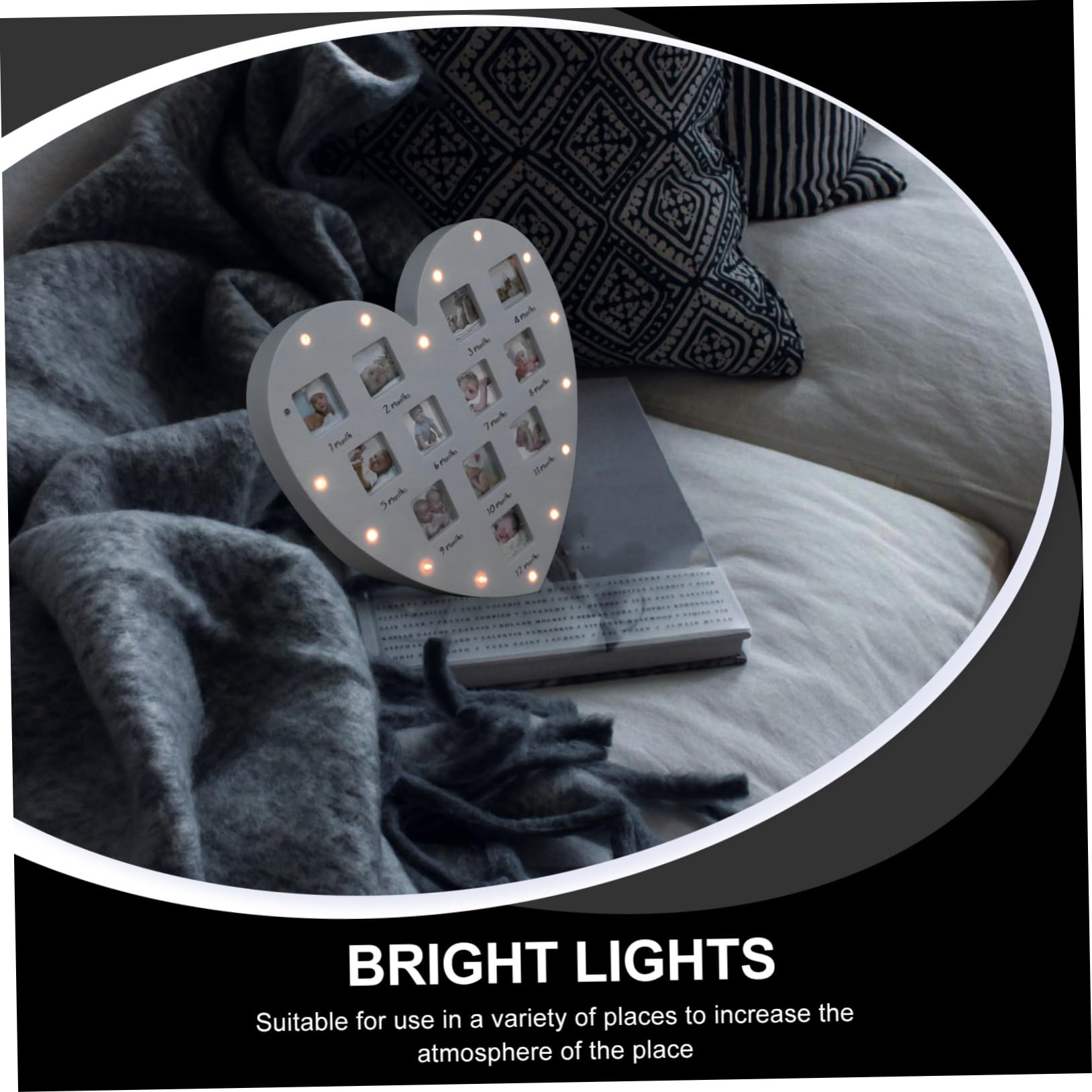 Marco de Fotos para Bebés en Acrílico Blanco con Forma de Corazón para Registrar el Crecimiento, con Luz y Capacidad para 12 Fotos, Adecuado para Decoración del Hogar