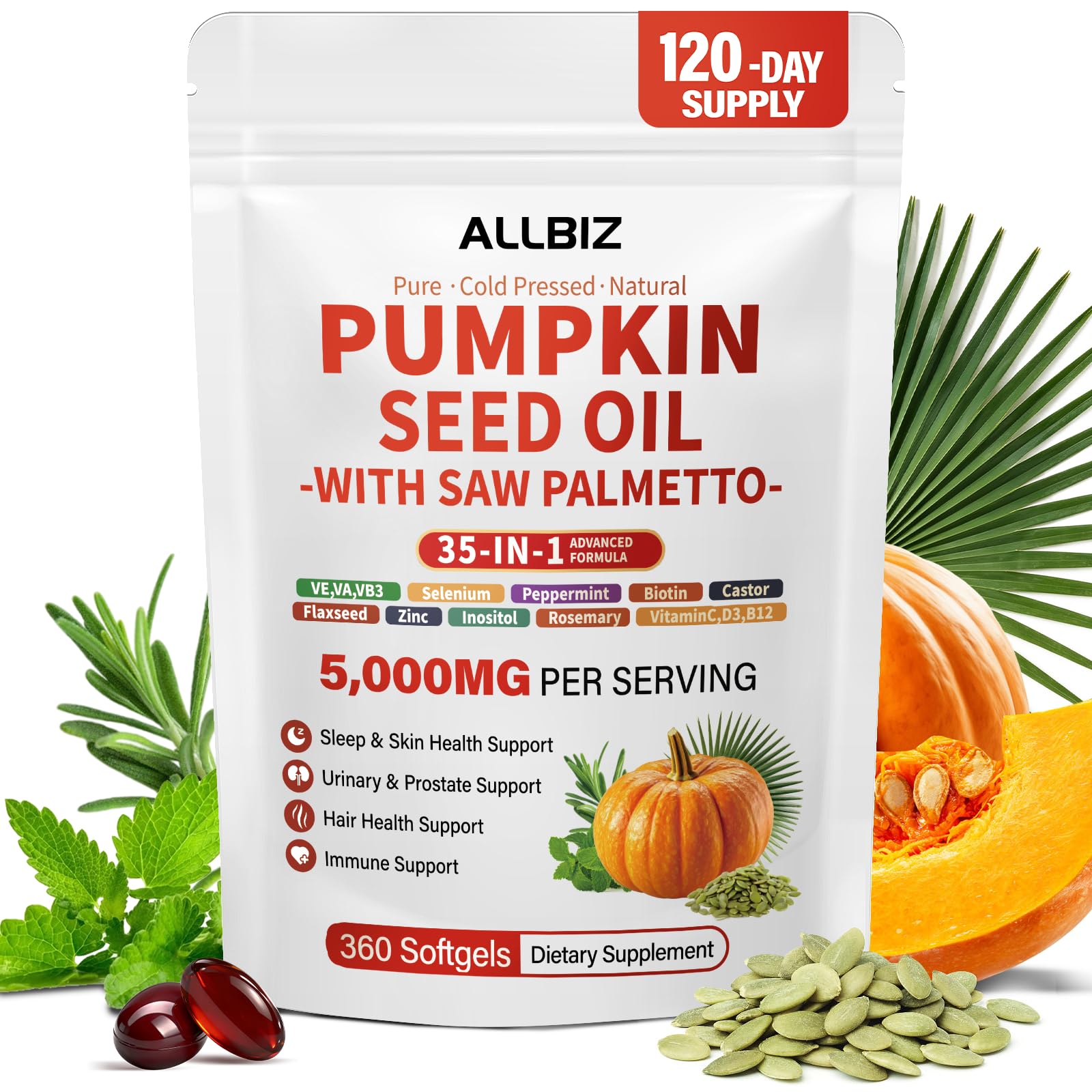 Pumpkin Seed Oil with Saw Palmetto Capsules, 5000mg per serving