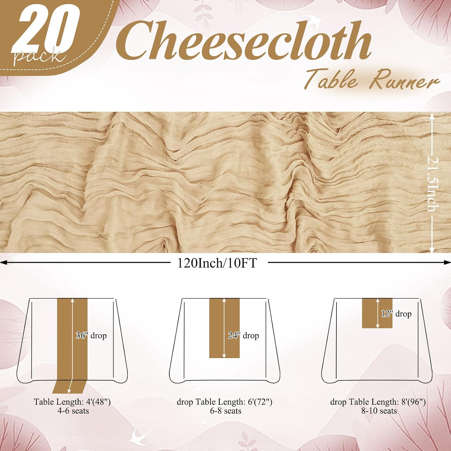 8 Pack Beige Cheesecloth Table Runner 10FT Long Boho Gauze Fabric Table Runner Vintage Rustic Sheer Runners for Wedding Party Bridal Baby Shower Table Decorations