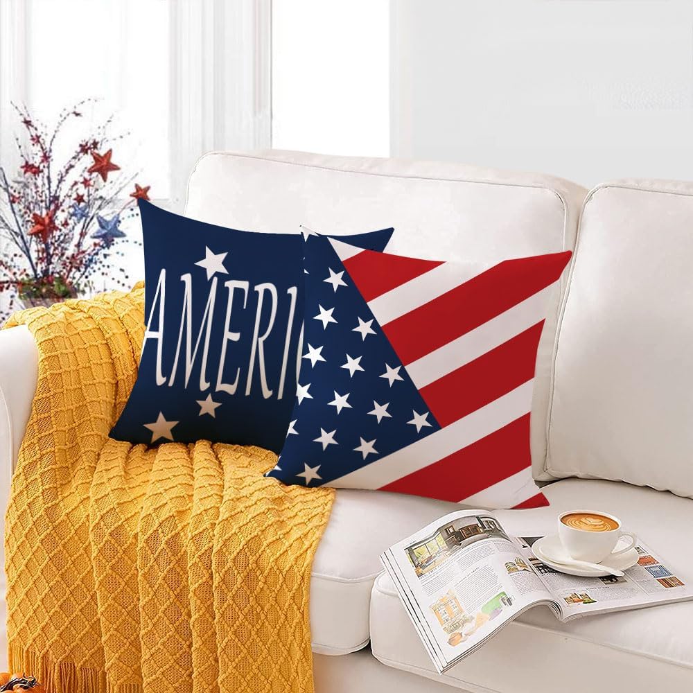 4th of July Throw Pillow Covers 24x24 Set of 4 Patriotic Pillow Covers American Flag Memorial Day Velvet Fourth of July Red White Blue Pillow Case Cushion Covers Home Outdoor Sofa Decorations