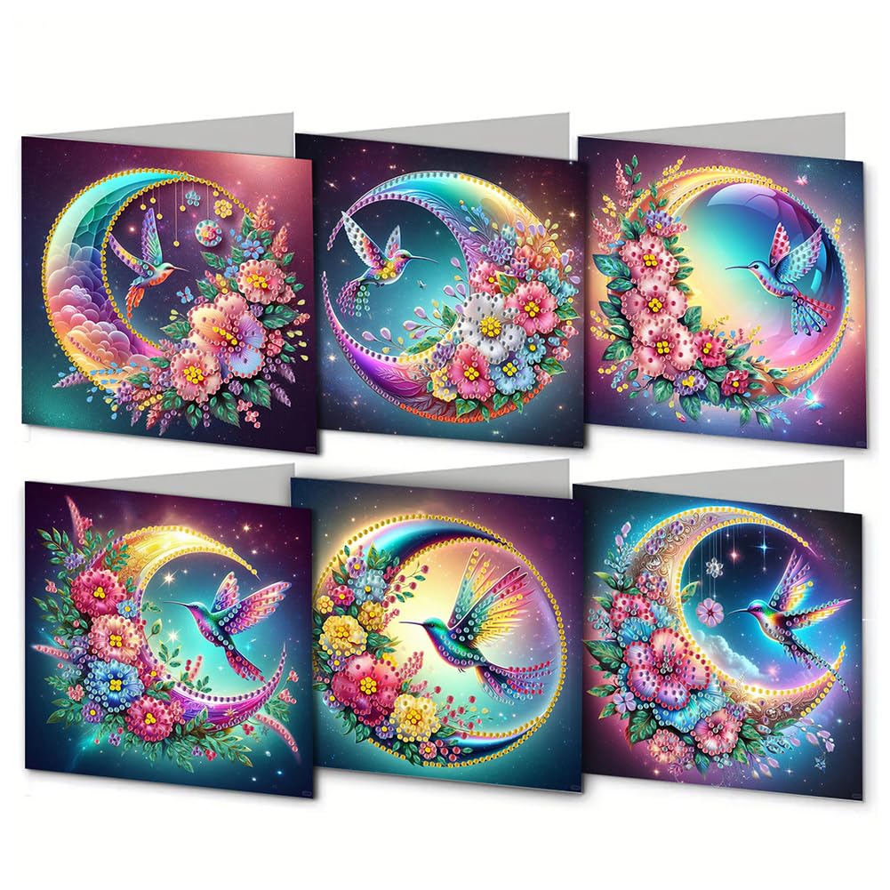 6 Pcs 5D DIY Diamond Painting Greeting Cards, Round Drill Crystal Craft Cards, Handmade Gift Rhinestone Painting Card, Wish Card for Birthday Thanksgiving Day Valentine's Day Gift-34