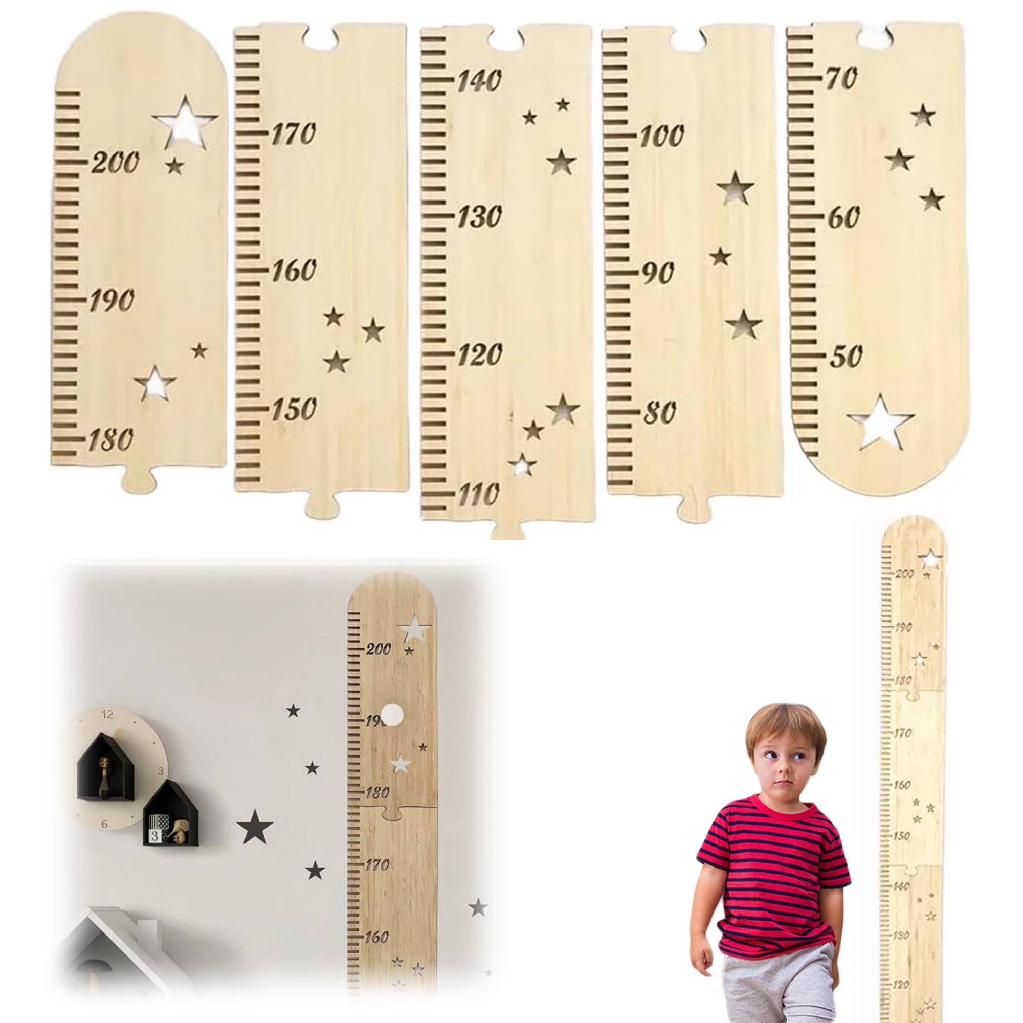 Grafici Di Altezza In Legno Misuratore Per Bambini 50-200 Cm Decorazione Murale Cameretta (Set Da 5)